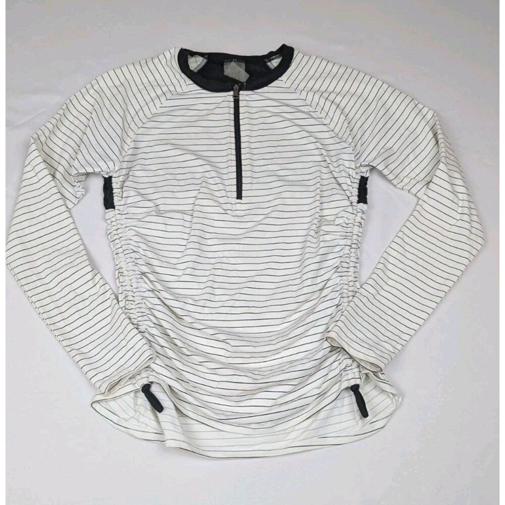 Calia Size Small Black & White Stripe Long Sleeve Rouched Rash Guard 1/4 Zip